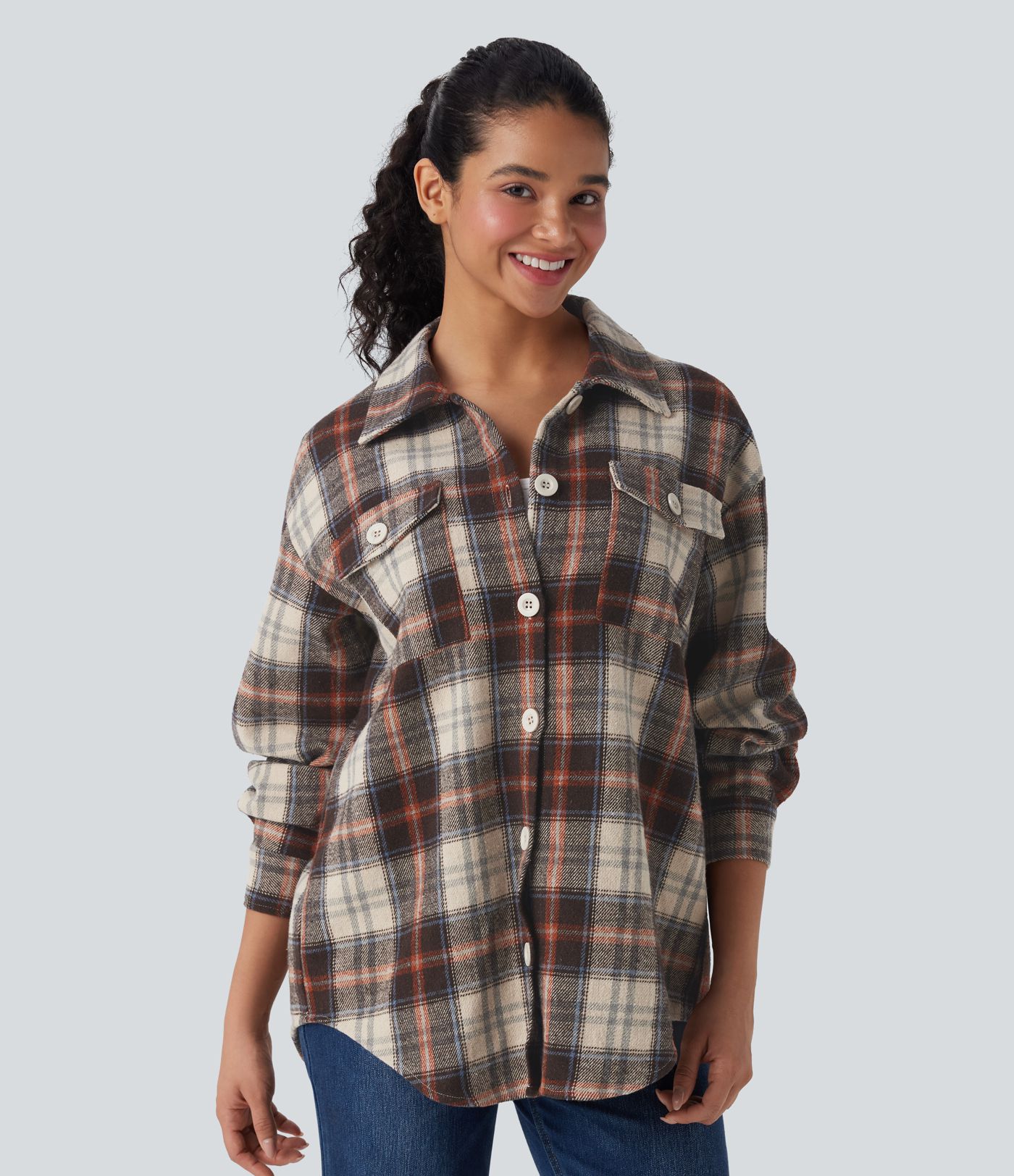 Plaid Curved Hem Casual Shirt Jacket with Flap Pockets