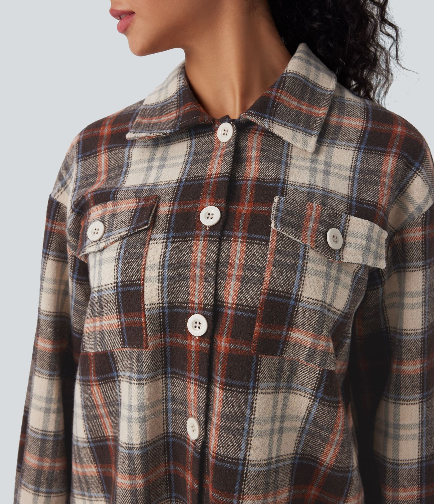 Plaid Curved Hem Casual Shirt Jacket with Flap Pockets