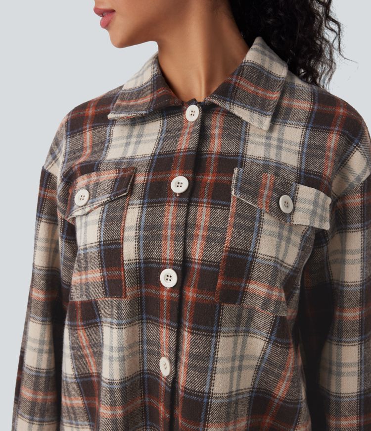 Plaid Curved Hem Casual Shirt Jacket with Flap Pockets