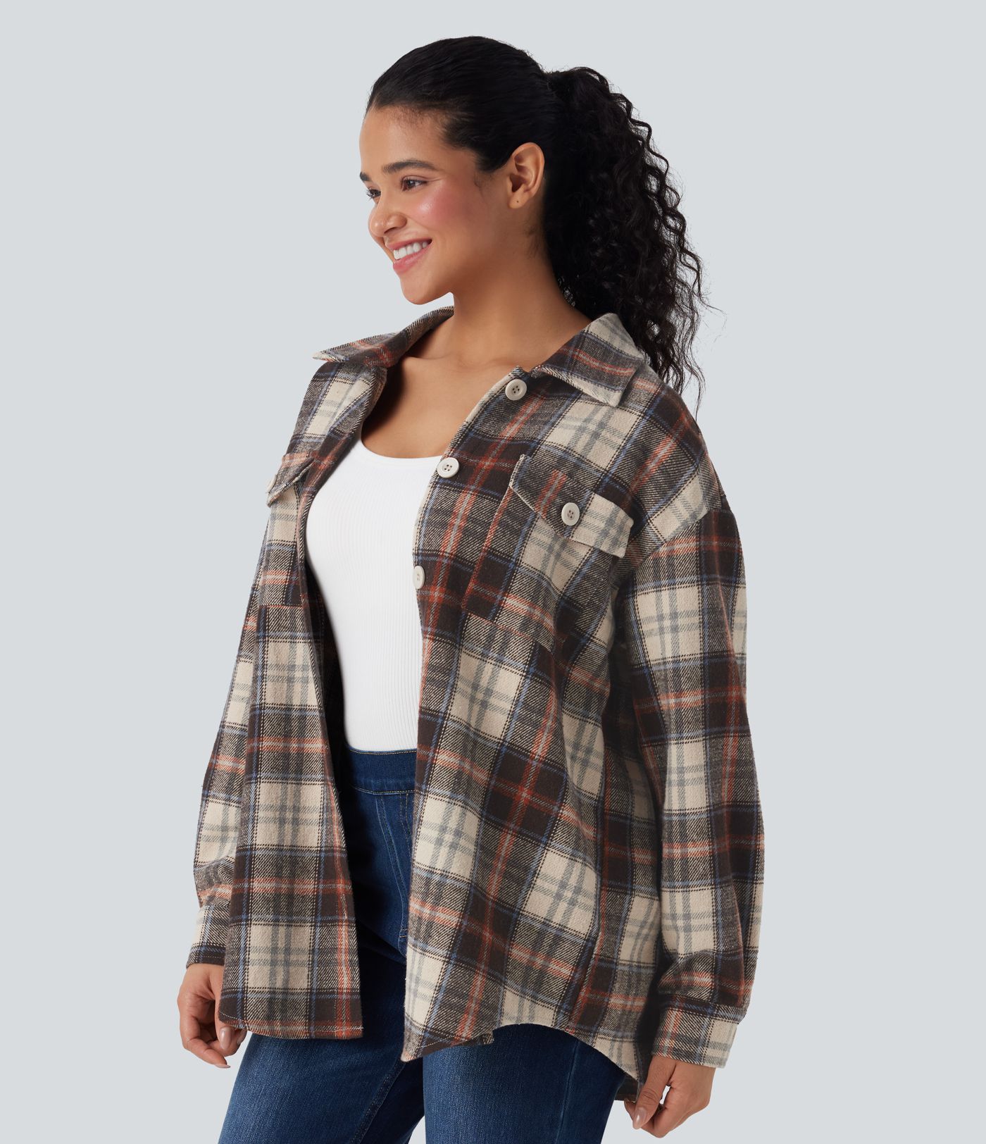 Plaid Curved Hem Casual Shirt Jacket with Flap Pockets