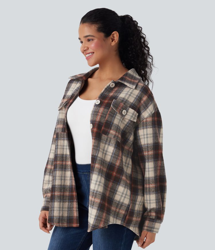 Plaid Curved Hem Casual Shirt Jacket with Flap Pockets