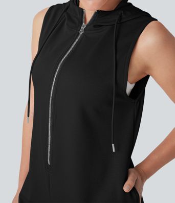 Combinaison décontractée à capuche sans manches avec fermeture éclair et poches