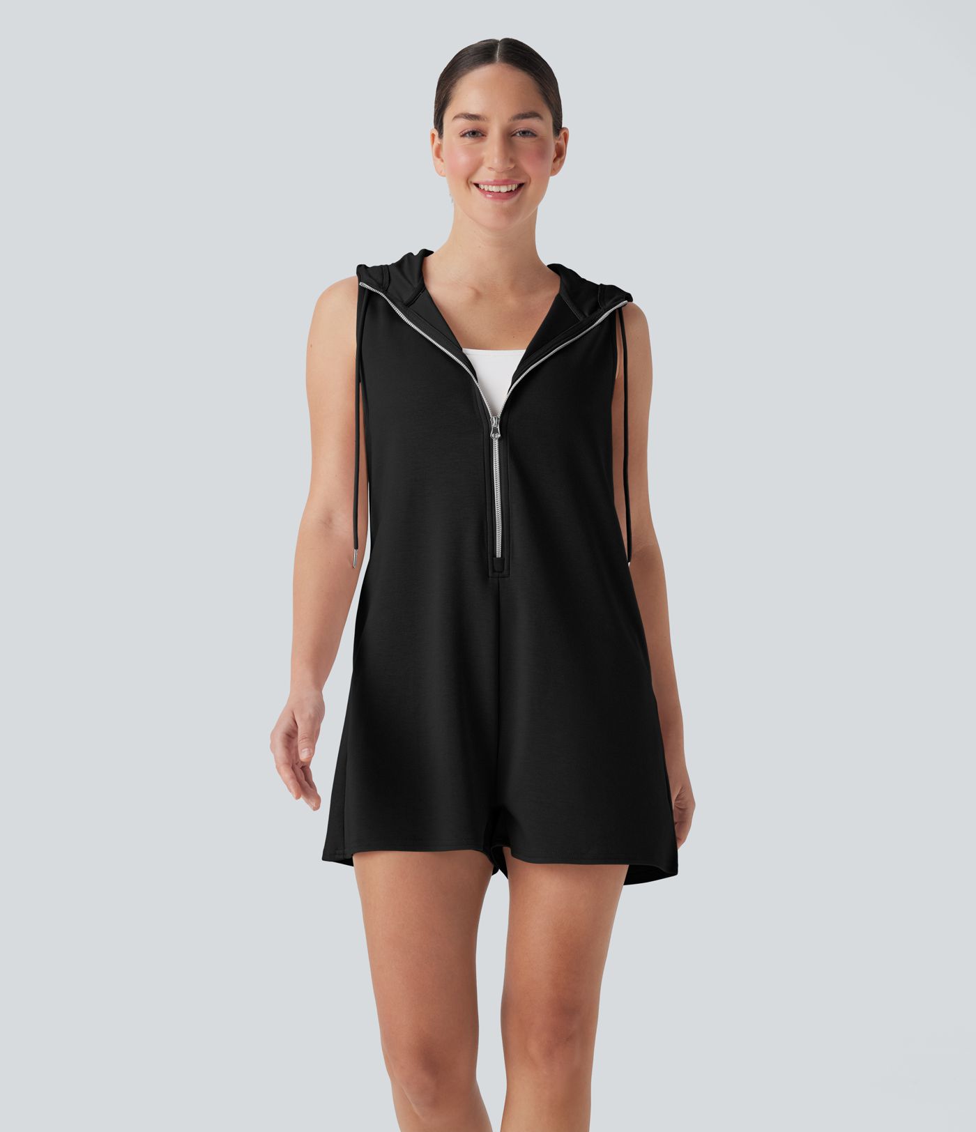 Combinaison décontractée à capuche sans manches avec fermeture éclair et poches