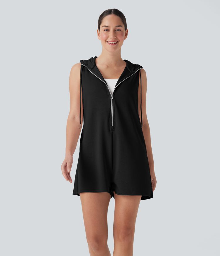 Combinaison décontractée à capuche sans manches avec fermeture éclair et poches