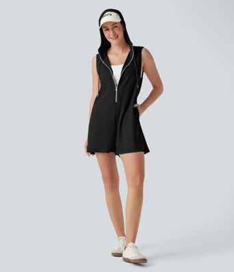 Combinaison décontractée à capuche sans manches avec fermeture éclair et poches