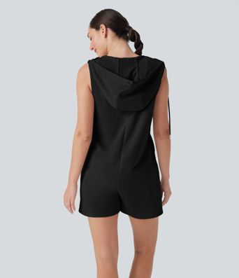 Combinaison décontractée à capuche sans manches avec fermeture éclair et poches