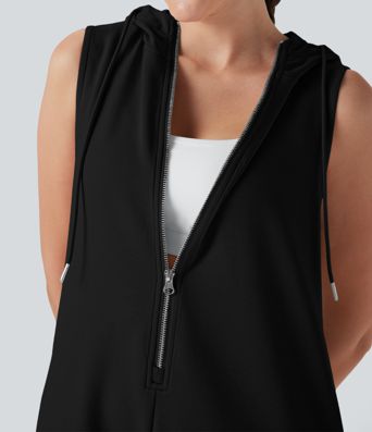 Combinaison décontractée à capuche sans manches avec fermeture éclair et poches