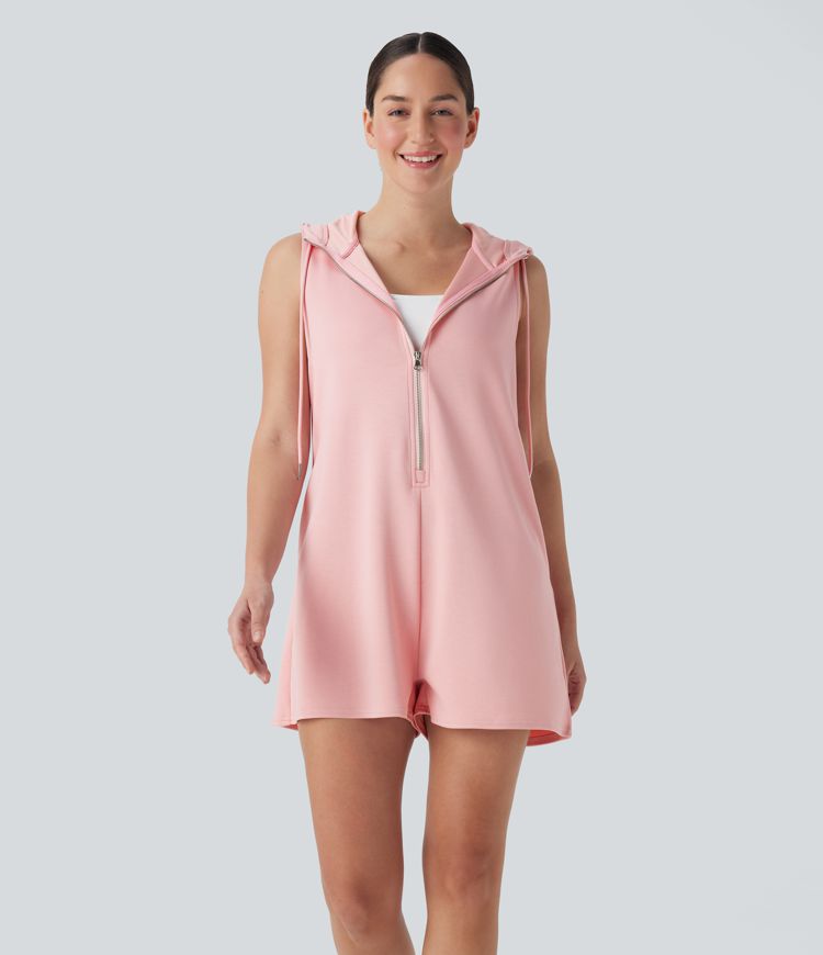 Hooded Sleeveless Zipper Casual Jumpsuit with Pockets