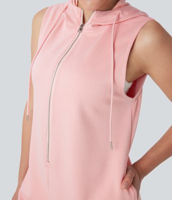 Hooded Sleeveless Zipper Casual Jumpsuit with Pockets