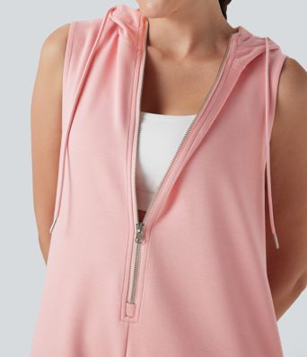 Hooded Sleeveless Zipper Casual Jumpsuit with Pockets