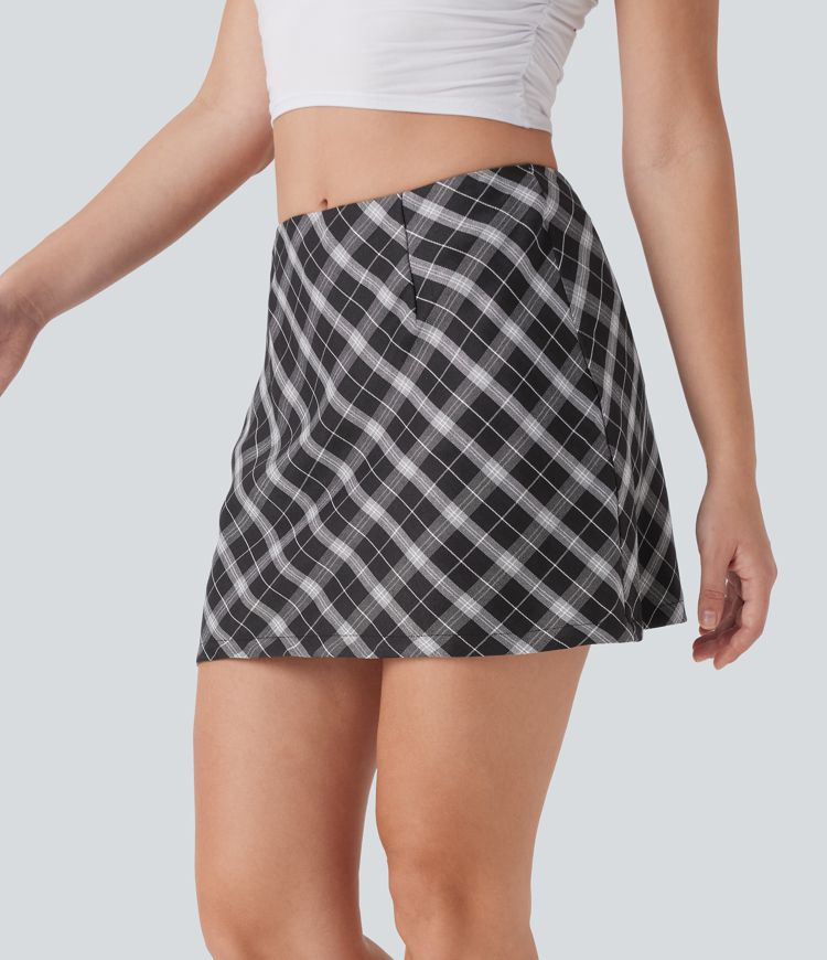 Mid Rise 2-in-1 Plaid A-line Mini Casual Skirt with Pocket