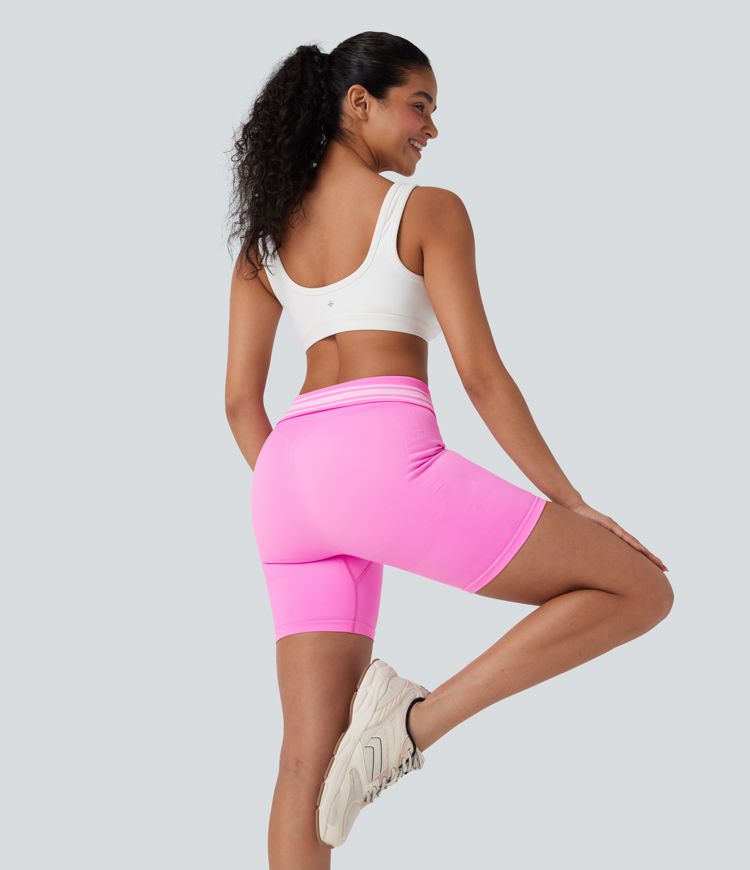 OneForm Seamless Flow Foldover High Waisted Color Block Workout Biker Shorts