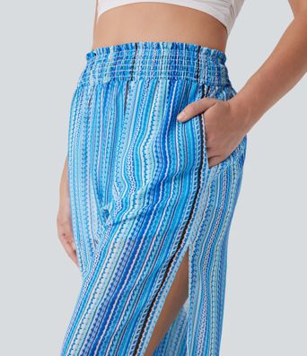 High Waisted Shirred Split 2-in-1 Stripe Casual Joggers with Pockets