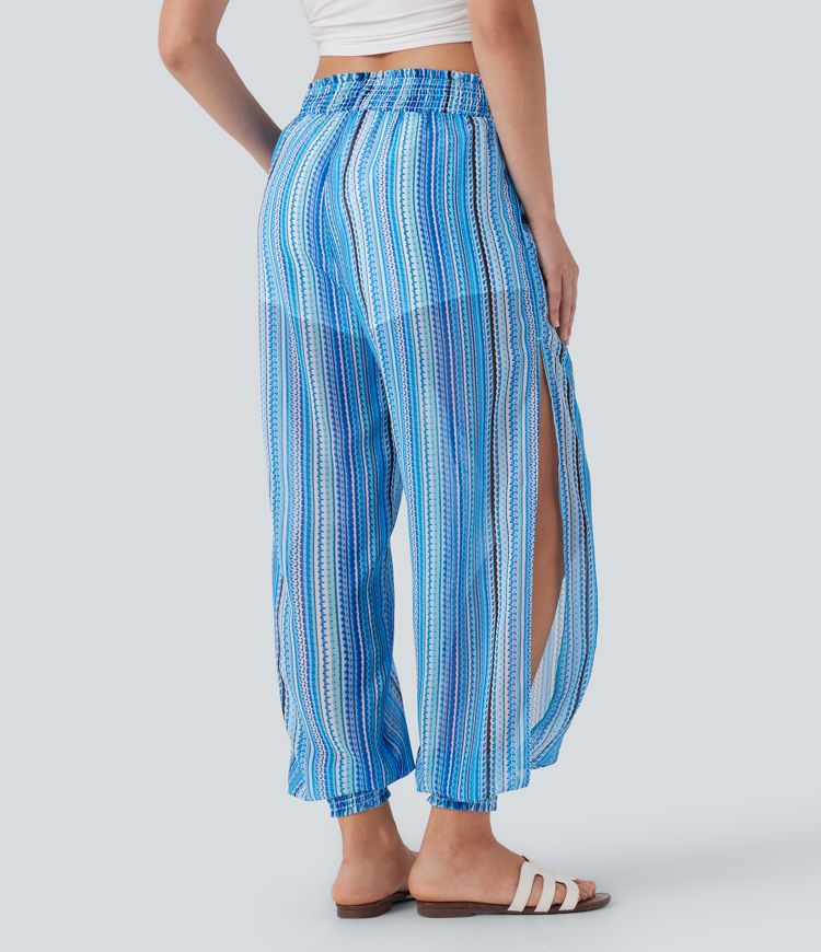 High Waisted Shirred Split 2-in-1 Stripe Casual Joggers with Pockets