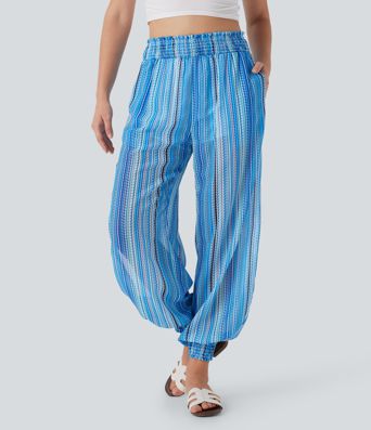 High Waisted Shirred Split 2-in-1 Stripe Casual Joggers with Pockets