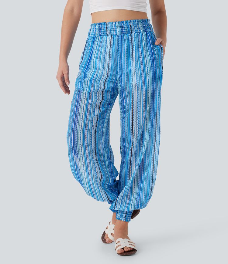 High Waisted Shirred Split 2-in-1 Stripe Casual Joggers with Pockets