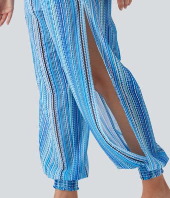 High Waisted Shirred Split 2-in-1 Stripe Casual Joggers with Pockets