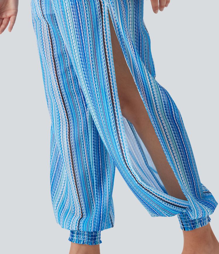 High Waisted Shirred Split 2-in-1 Stripe Casual Joggers with Pockets