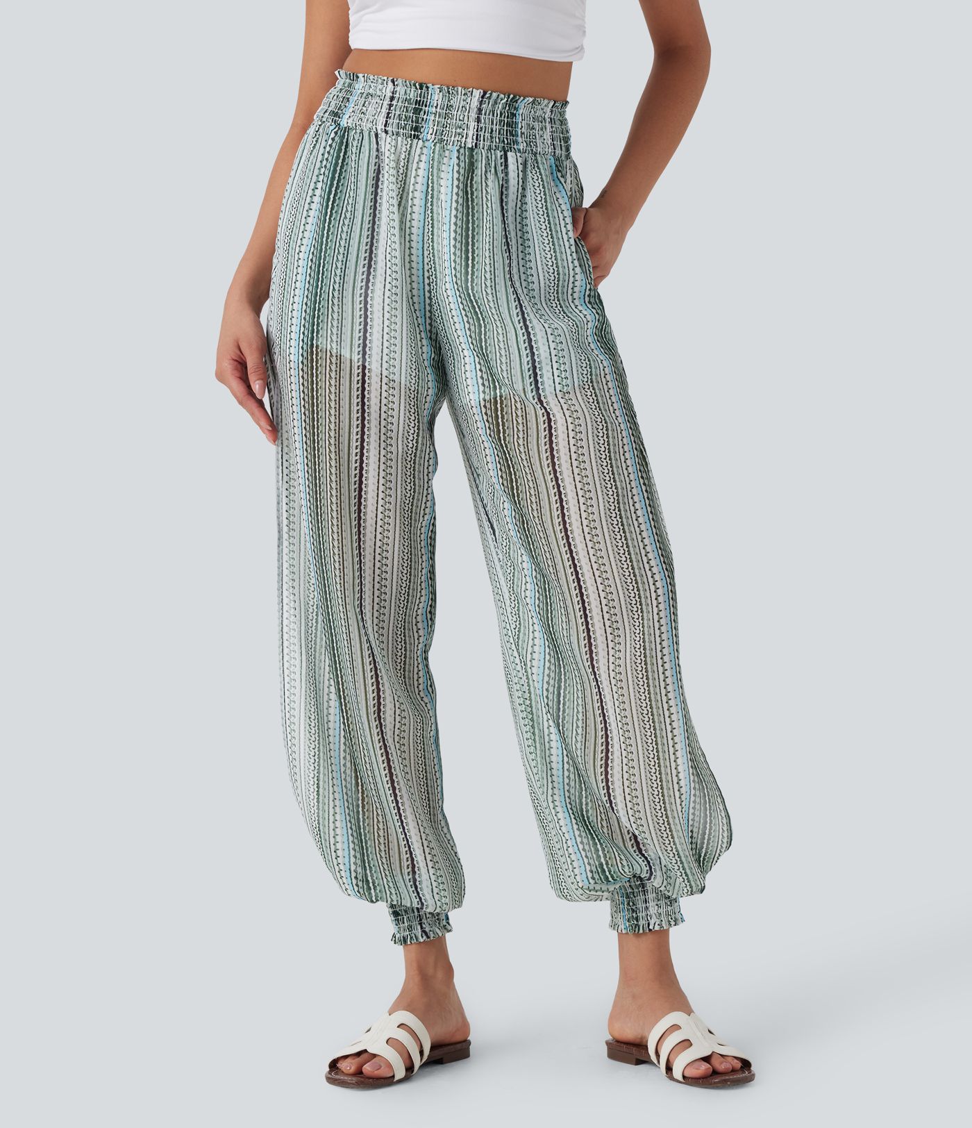 High Waisted Shirred 2-in-1 Stripe Casual Joggers with Pockets