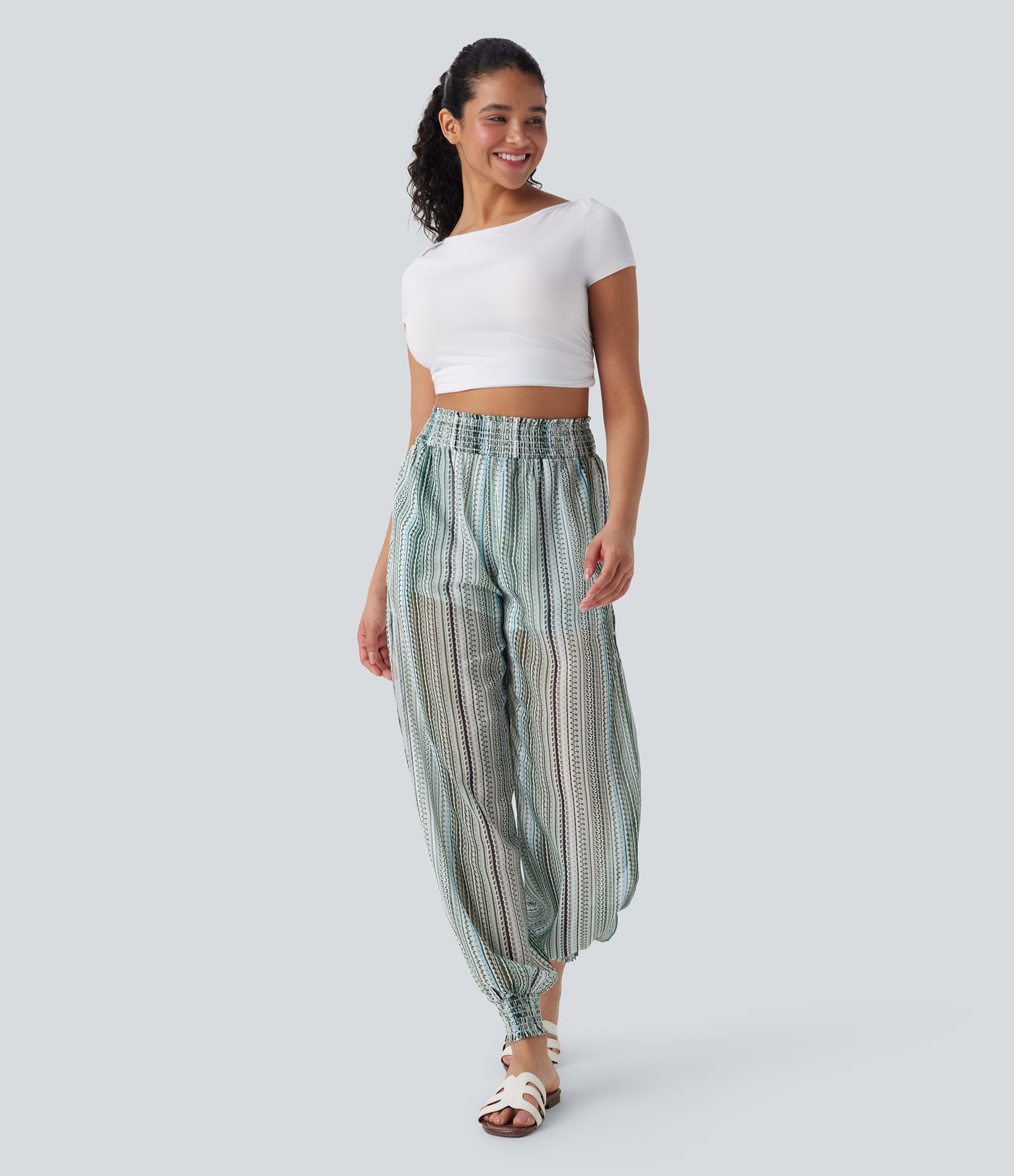 High Waisted Shirred 2-in-1 Stripe Casual Joggers with Pockets