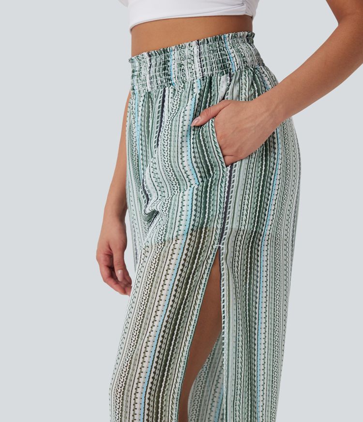 High Waisted Shirred 2-in-1 Stripe Casual Joggers with Pockets