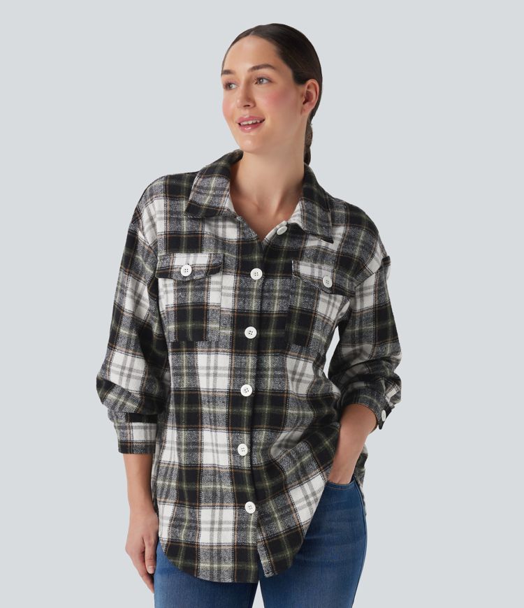 Chemise-veste décontractée à motif écossais avec ourlet arrondi et poches à rabat