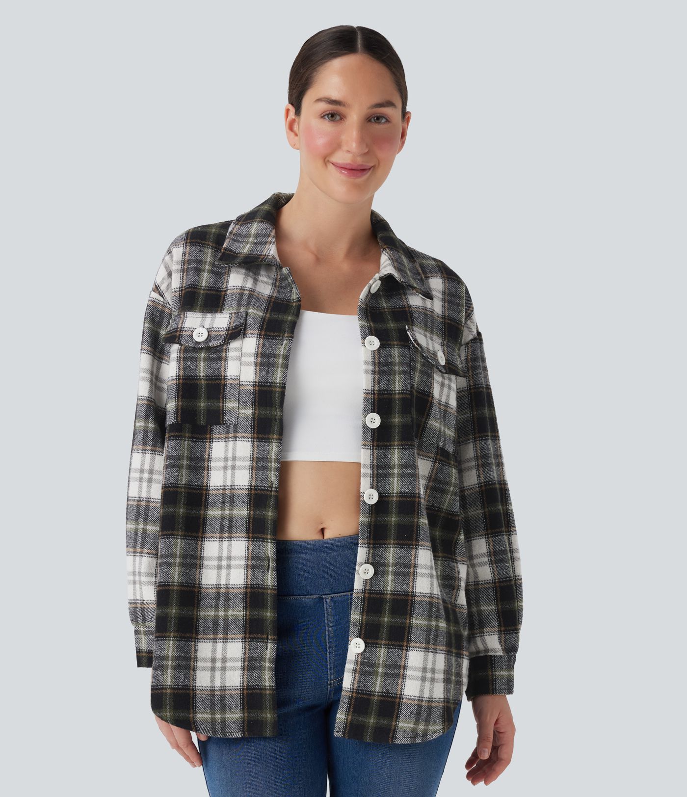 Chemise-veste décontractée à motif écossais avec ourlet arrondi et poches à rabat