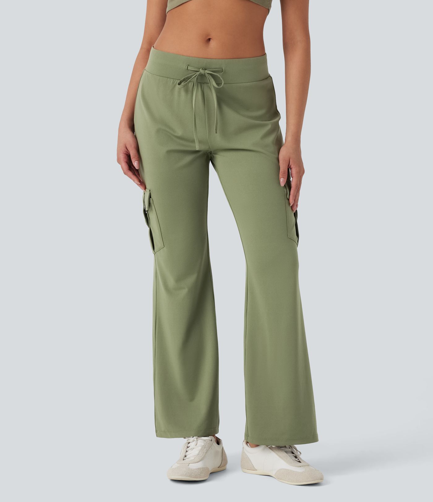 Low Rise Drawstring Casual Bootcut Cargo Pants with Pockets