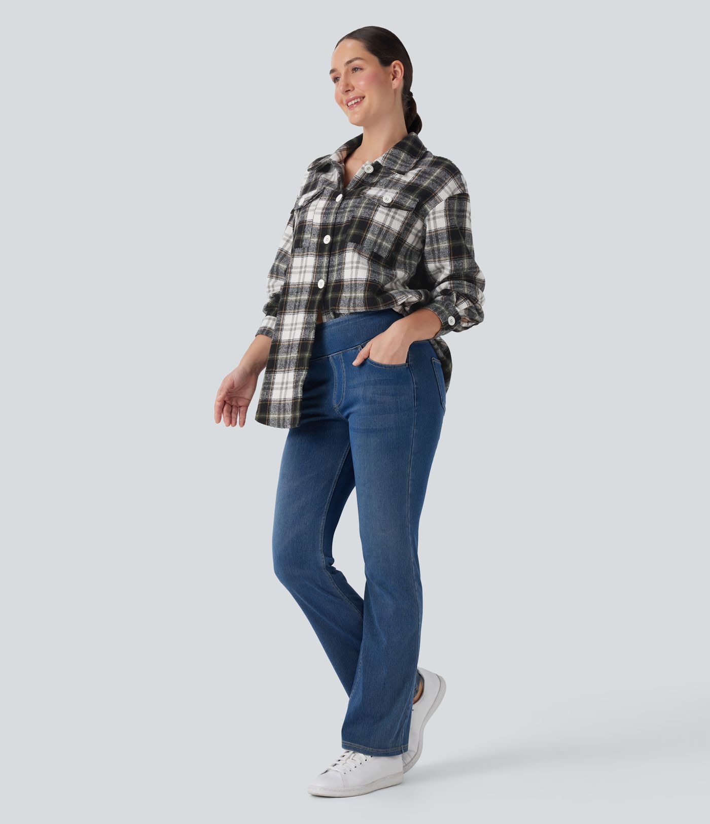 Chemise-veste décontractée à motif écossais avec ourlet arrondi et poches à rabat