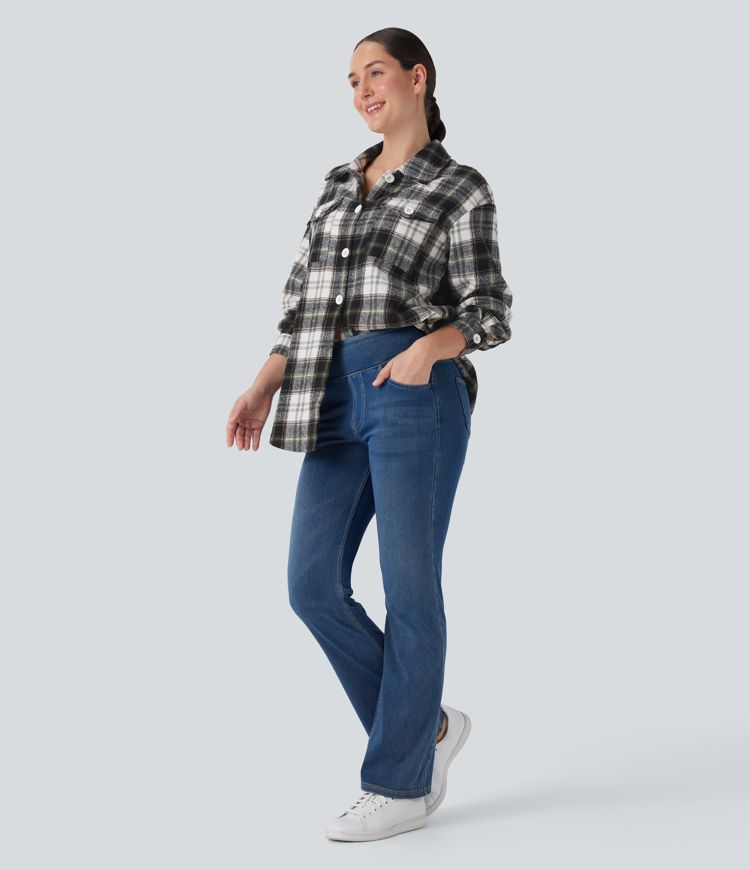 Chemise-veste décontractée à motif écossais avec ourlet arrondi et poches à rabat