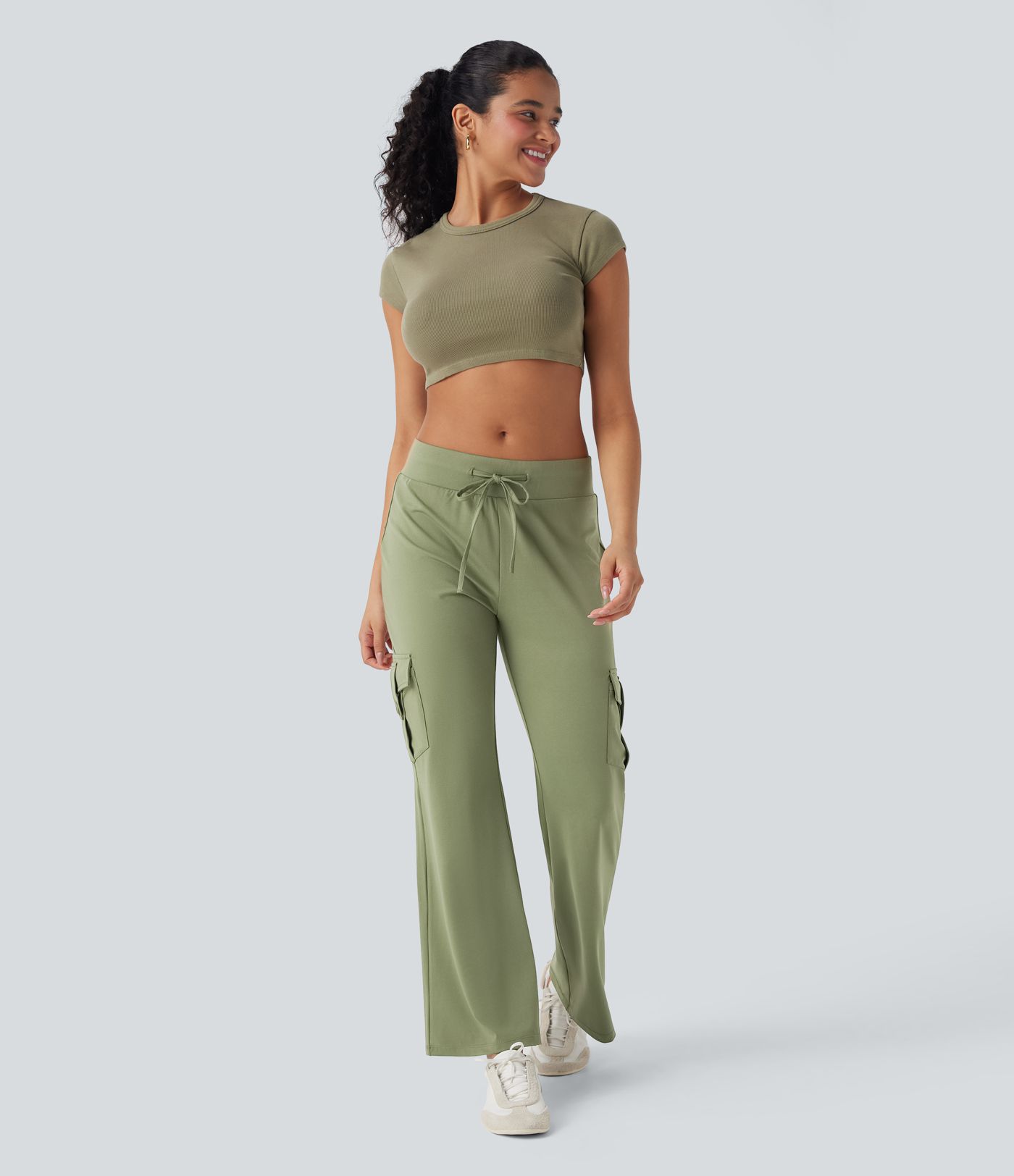 Low Rise Drawstring Casual Bootcut Cargo Pants with Pockets