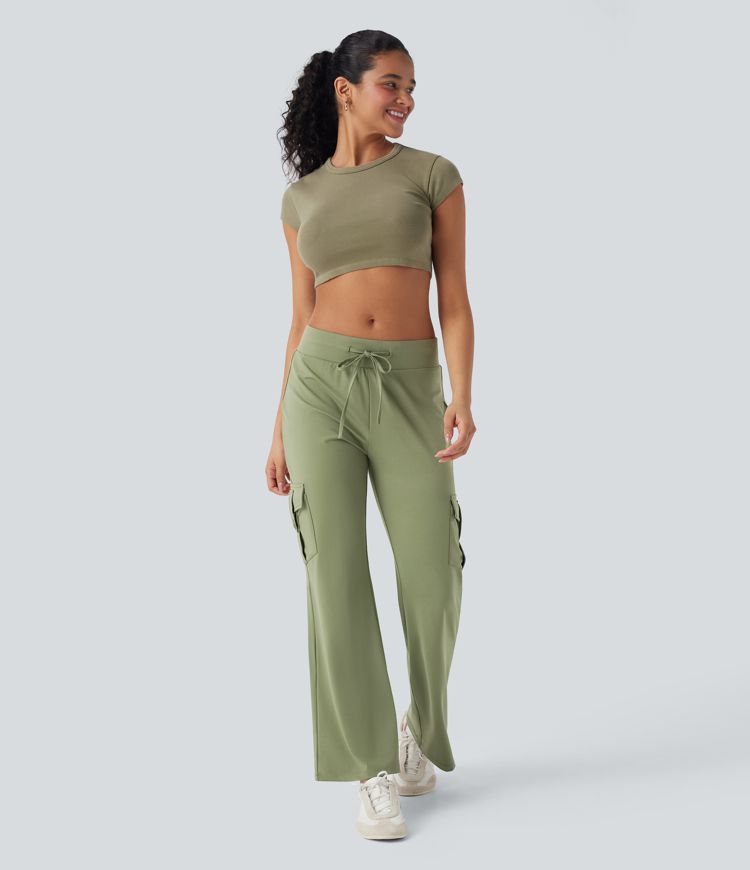 Low Rise Drawstring Casual Bootcut Cargo Pants with Pockets