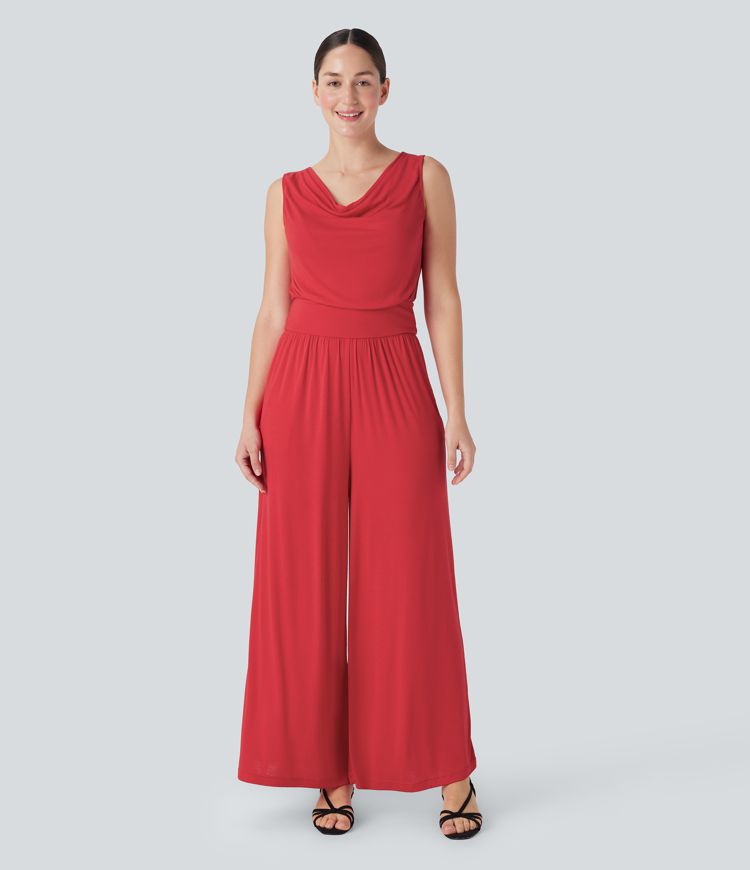 Ribbed Cowl Neck Sleeveless Wide Leg Casual Jumpsuit with Side Pockets