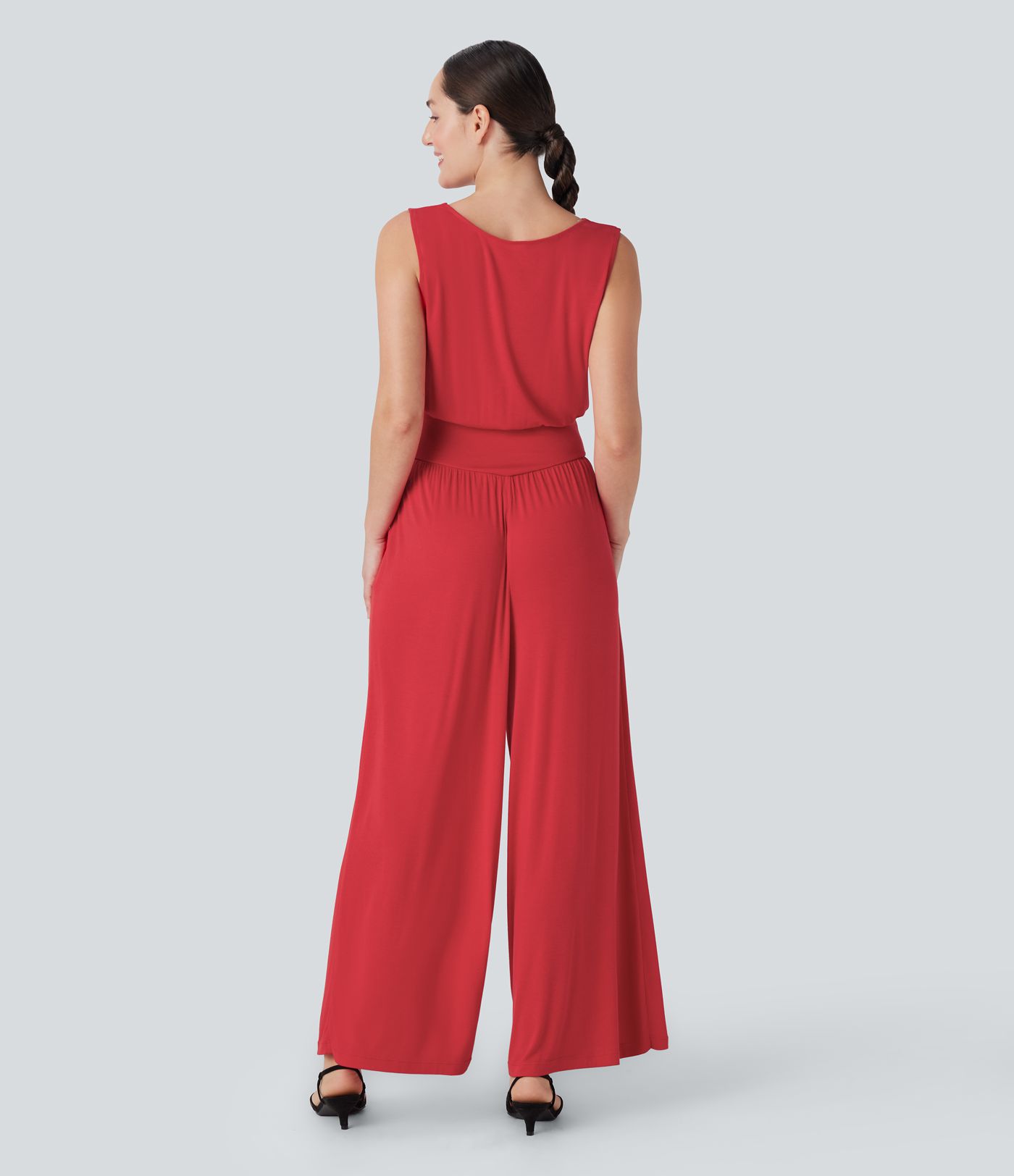 Ribbed Cowl Neck Sleeveless Wide Leg Casual Jumpsuit with Side Pockets