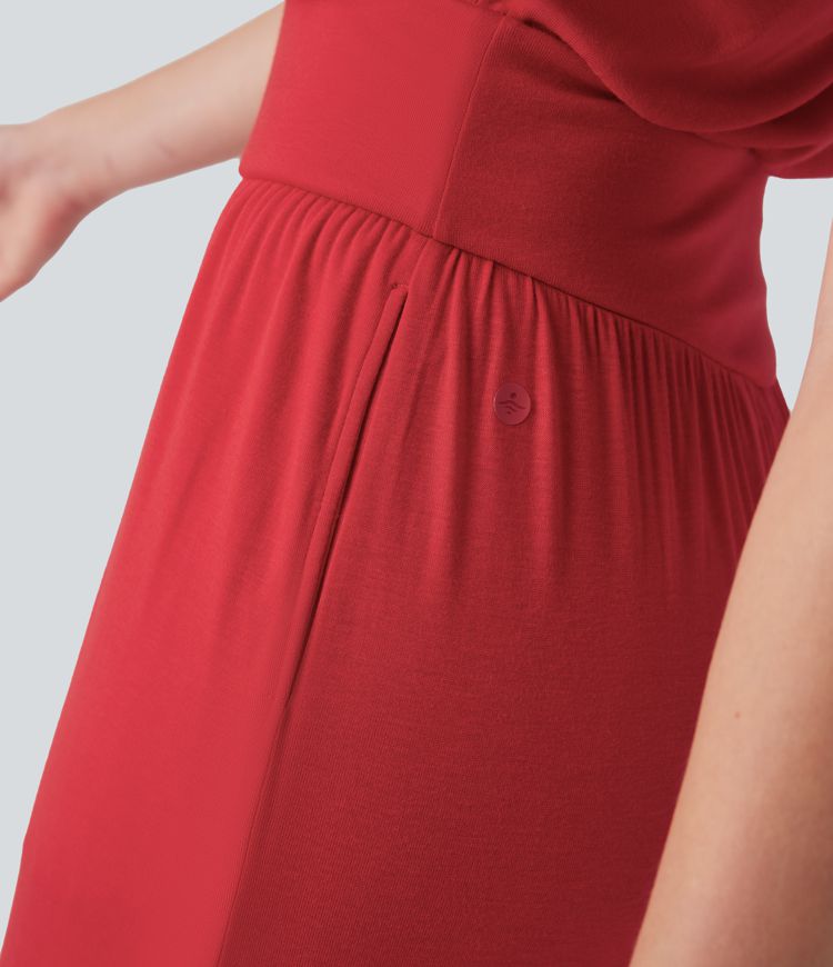 Ribbed Cowl Neck Sleeveless Wide Leg Casual Jumpsuit with Side Pockets