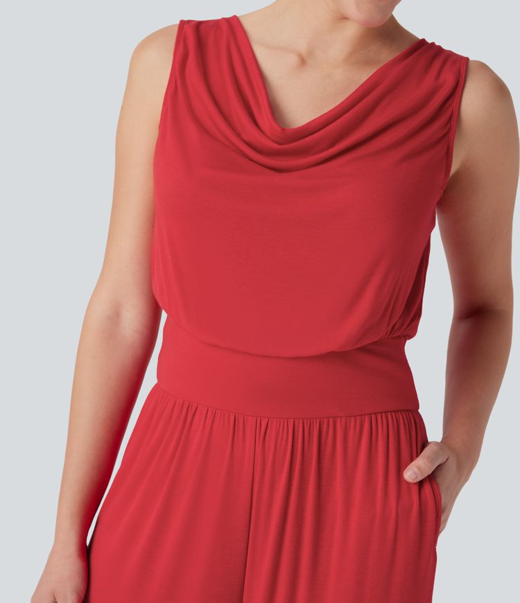 Ribbed Cowl Neck Sleeveless Wide Leg Casual Jumpsuit with Side Pockets