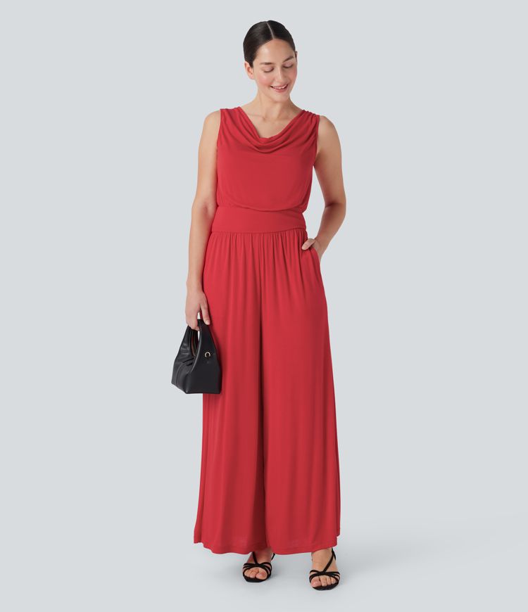 Ribbed Cowl Neck Sleeveless Wide Leg Casual Jumpsuit with Side Pockets