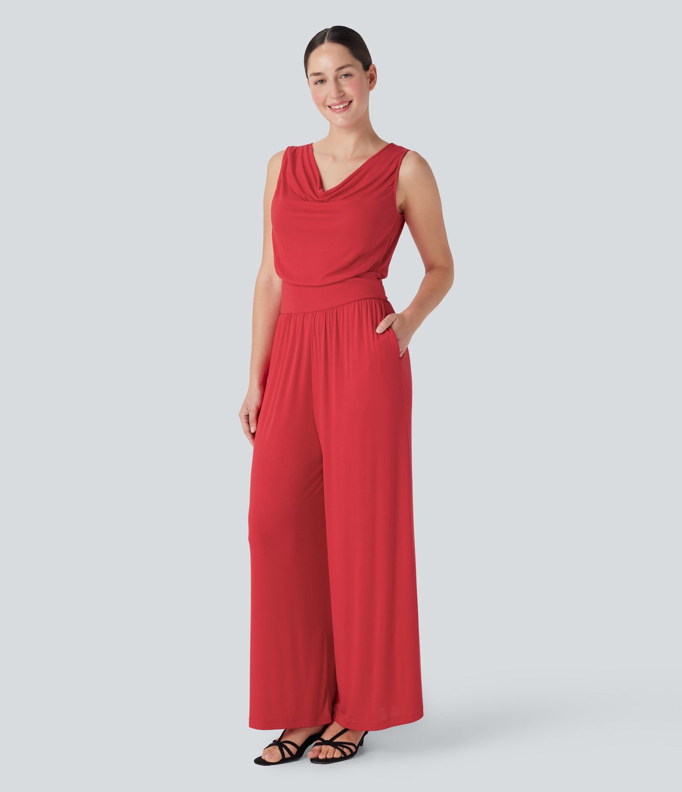 Ribbed Cowl Neck Sleeveless Wide Leg Casual Jumpsuit with Side Pockets