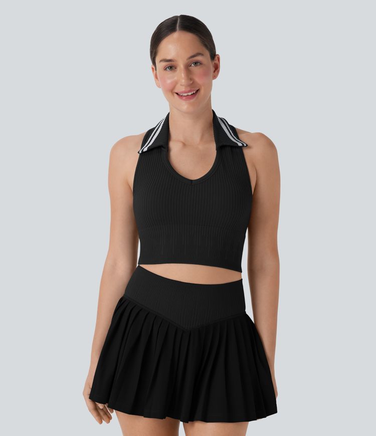 Seamless Flow Collared Backless Racerback Color Block Cropped Tennis Tank Top