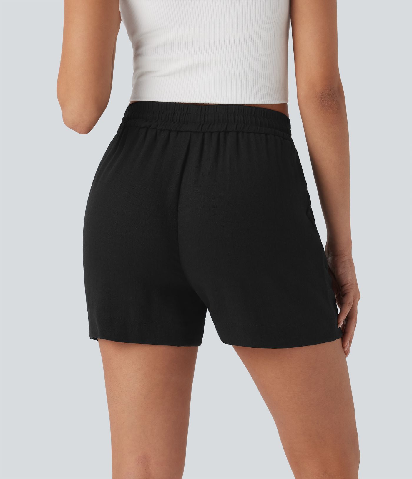 Mid Rise Drawstring Linen-Feel  Work Shorts with Side Zip Pockets