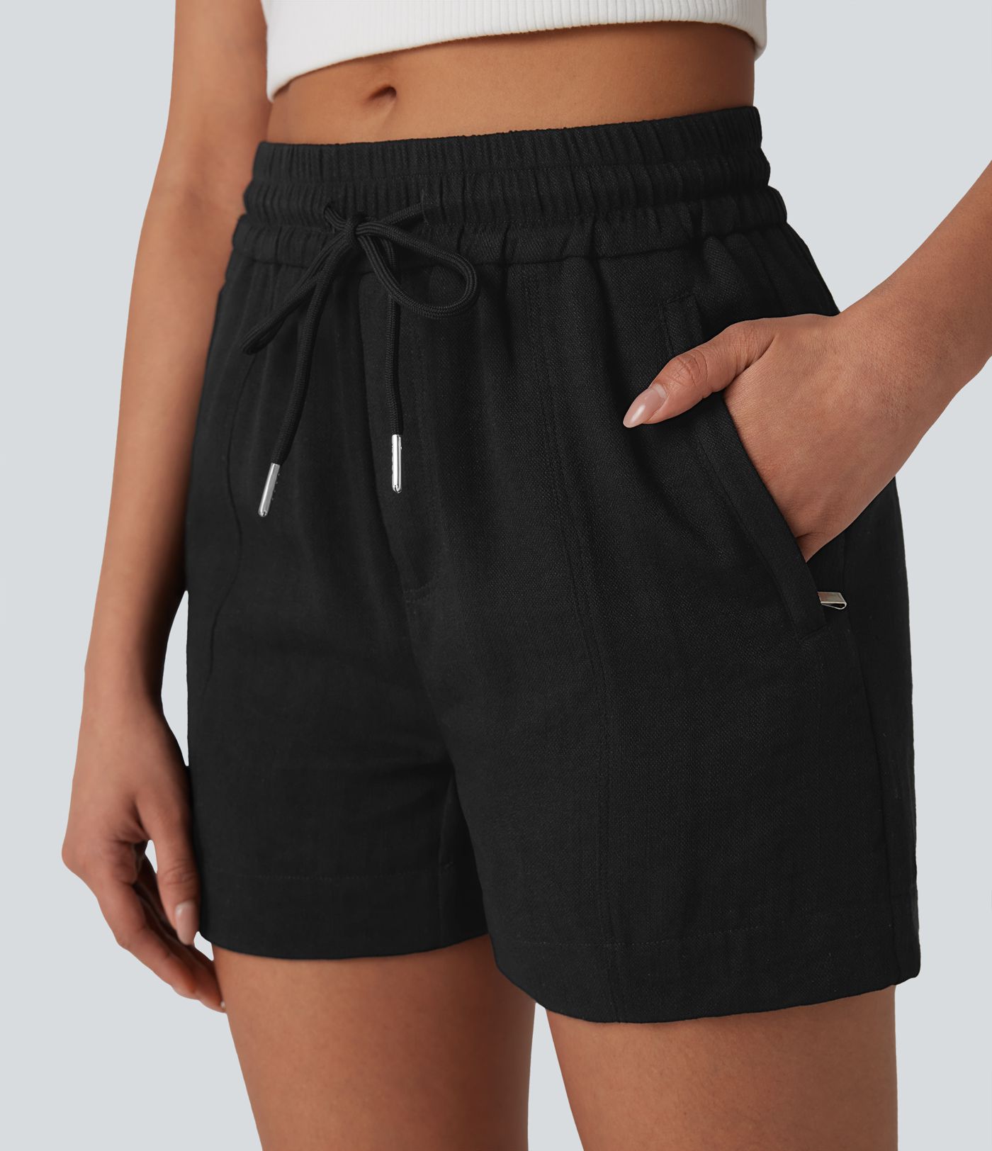 Mid Rise Drawstring Linen-Feel  Work Shorts with Side Zip Pockets