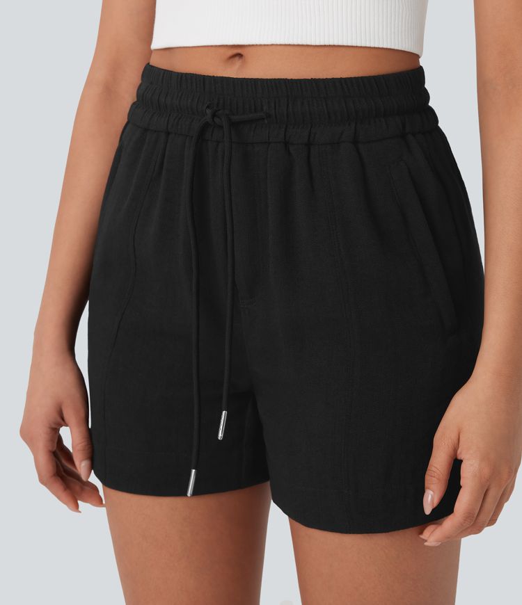 Mid Rise Drawstring Linen-Feel  Work Shorts with Side Zip Pockets