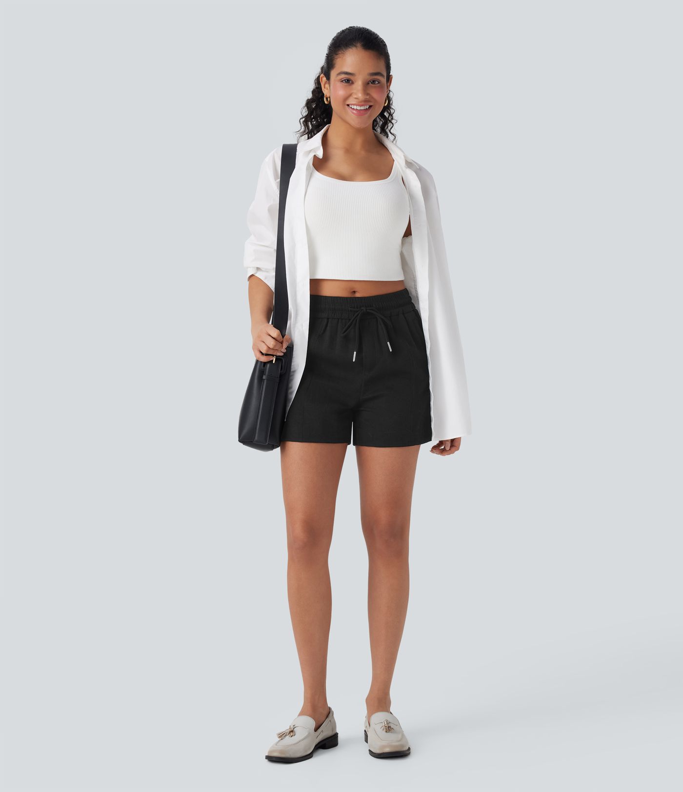 Mid Rise Drawstring Linen-Feel  Work Shorts with Side Zip Pockets