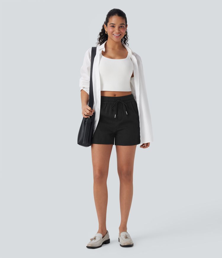 Mid Rise Drawstring Linen-Feel  Work Shorts with Side Zip Pockets