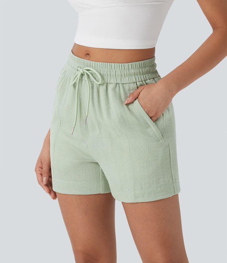 Mid Rise Drawstring Linen-Feel  Work Shorts with Side Zip Pockets