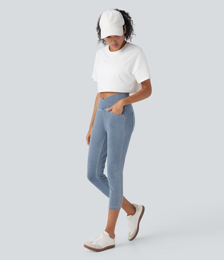 Legging corsaire décontracté Halara Flex™ croisé taille haute en maille denim extensible avec poches