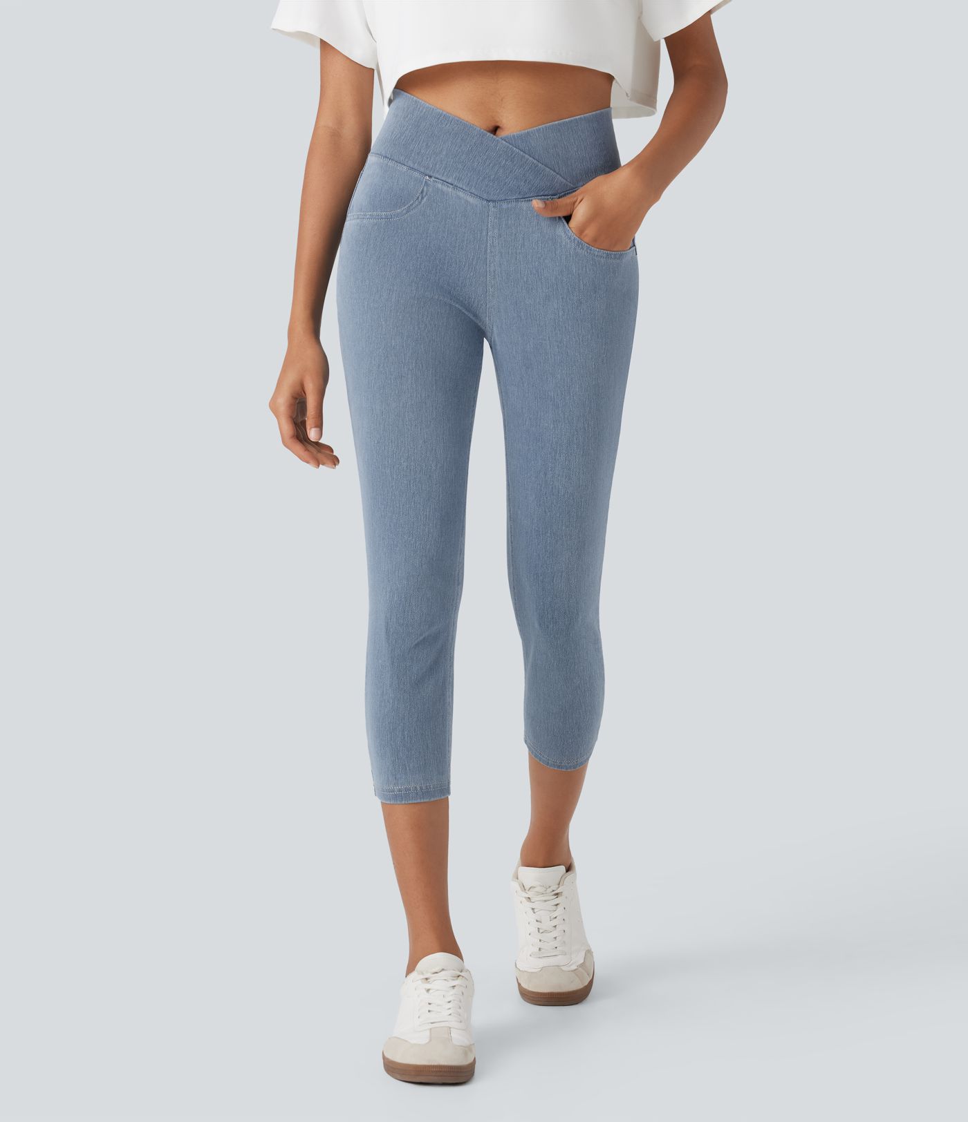 Halara Flex™ Crossover High Waisted Denim Casual Capri Leggings with Pockets