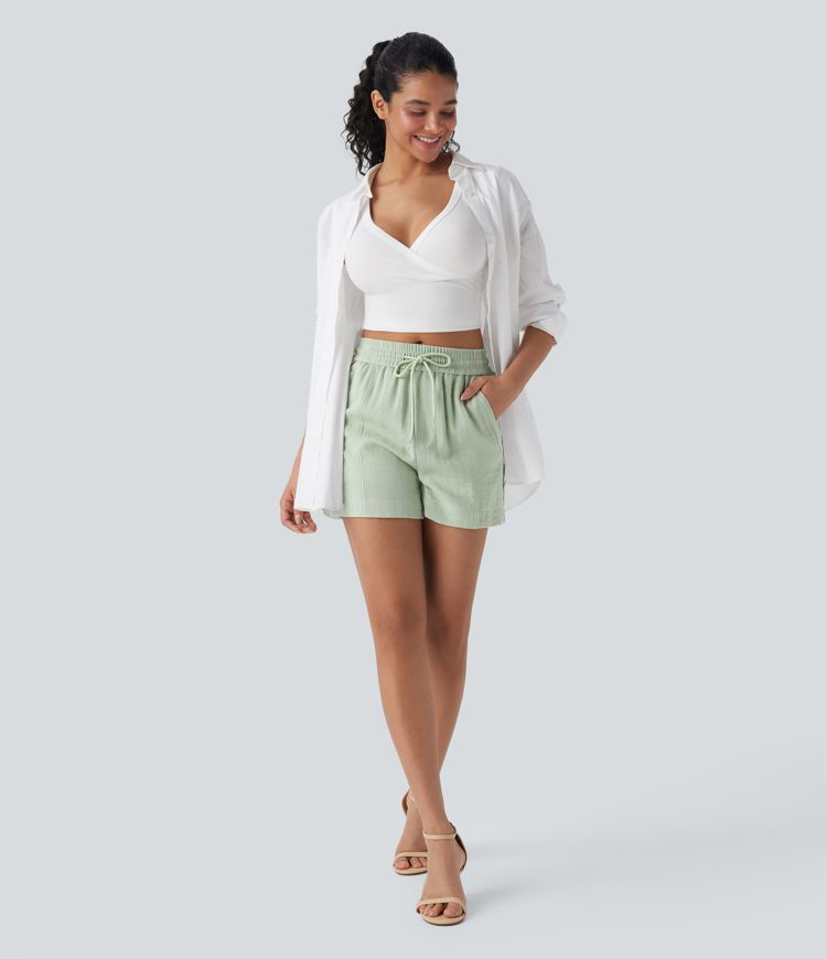 Mid Rise Drawstring Linen-Feel  Work Shorts with Side Zip Pockets