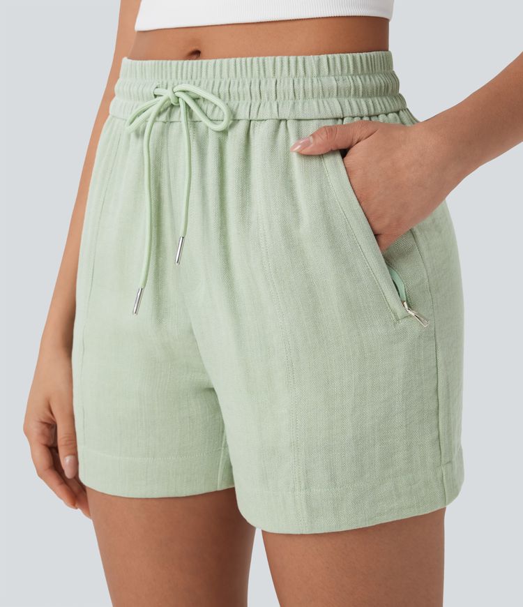 Mid Rise Drawstring Linen-Feel  Work Shorts with Side Zip Pockets