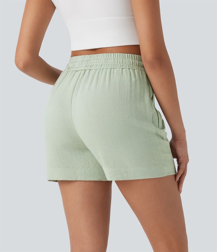 Mid Rise Drawstring Linen-Feel  Work Shorts with Side Zip Pockets